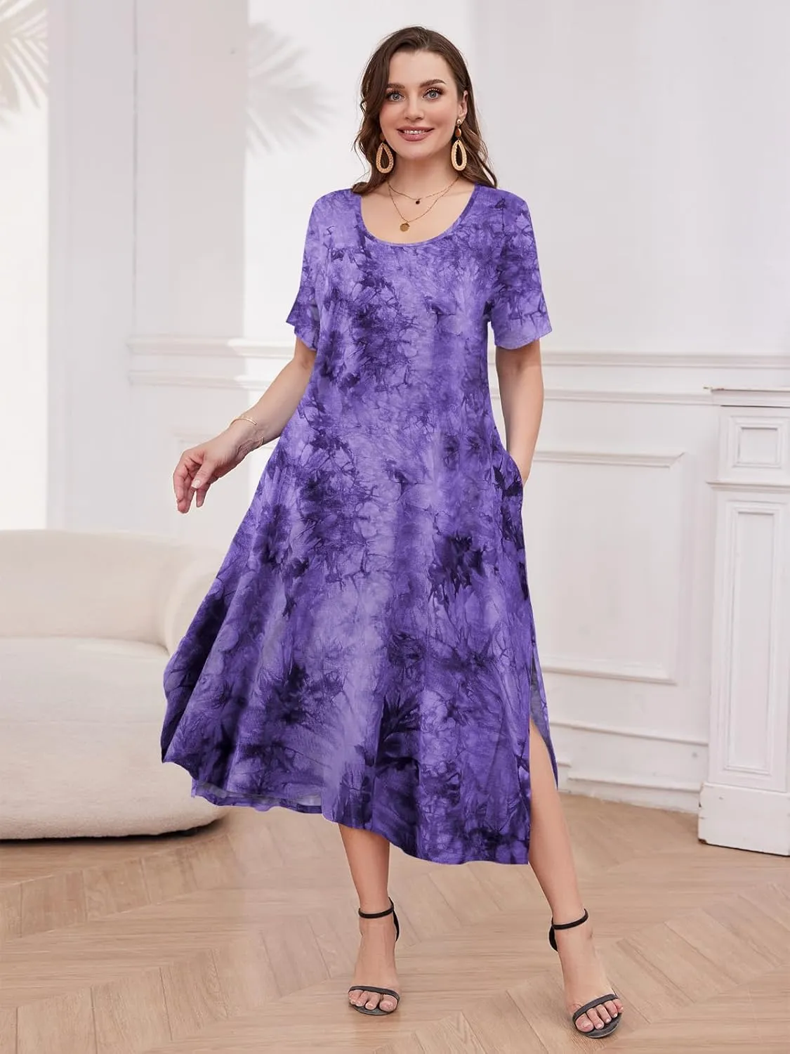 LARACE Plus Size Maxi Dress for Womens Summer Short Sleeve T Shirt Dress with Pockets Loose Fit Casual Sundresses with Slit
