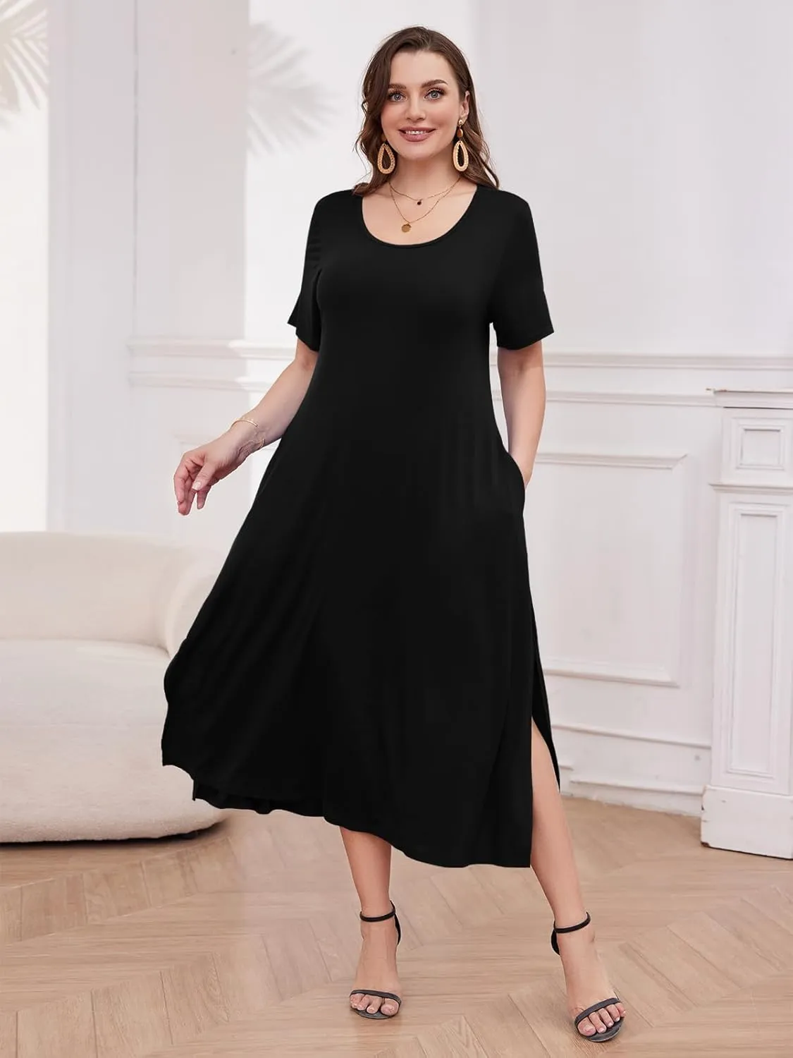 LARACE Plus Size Maxi Dress for Womens Summer Short Sleeve T Shirt Dress with Pockets Loose Fit Casual Sundresses with Slit