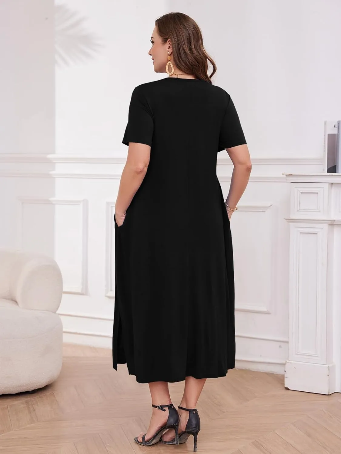 LARACE Plus Size Maxi Dress for Womens Summer Short Sleeve T Shirt Dress with Pockets Loose Fit Casual Sundresses with Slit
