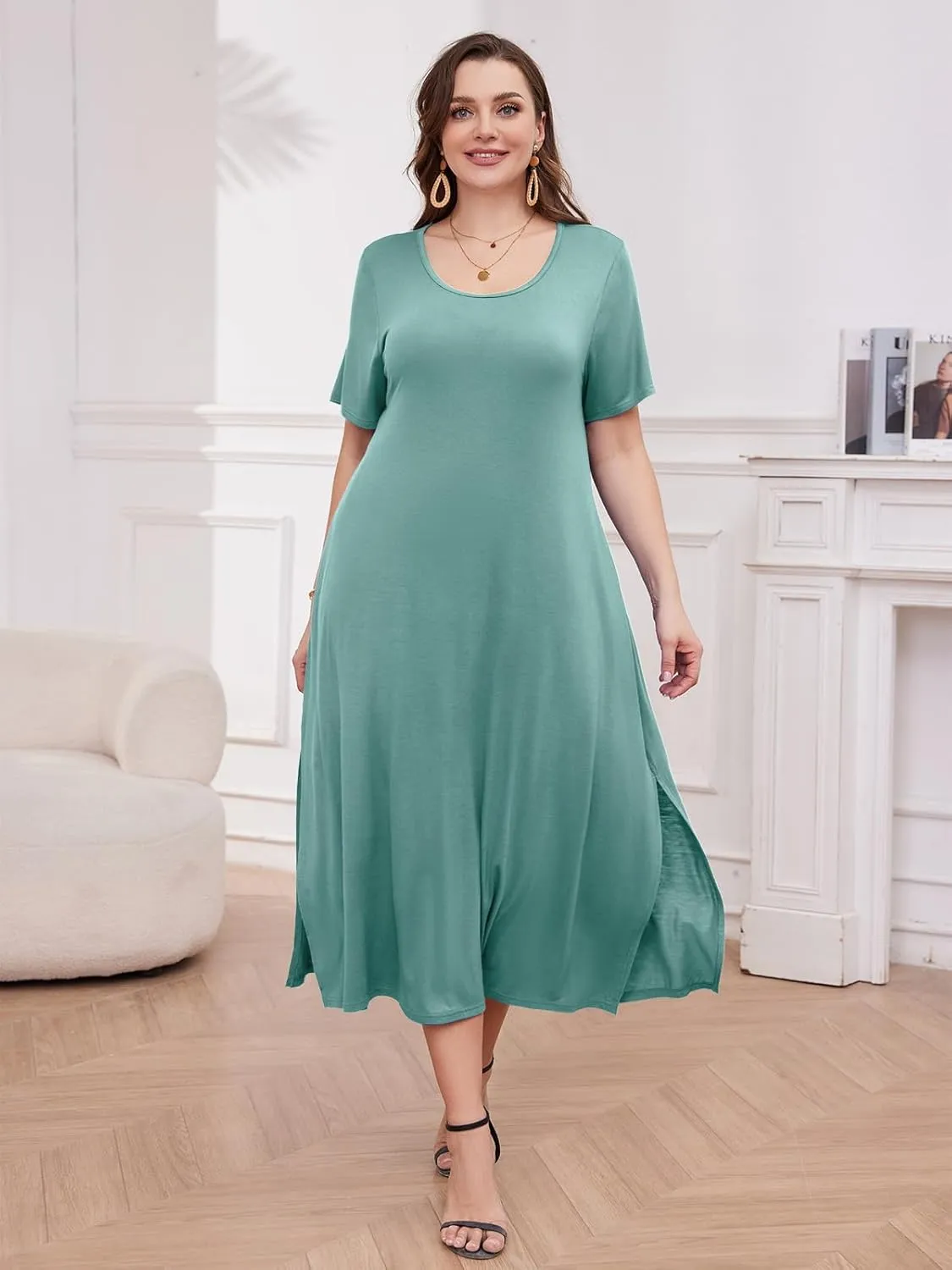 LARACE Plus Size Maxi Dress for Womens Summer Short Sleeve T Shirt Dress with Pockets Loose Fit Casual Sundresses with Slit
