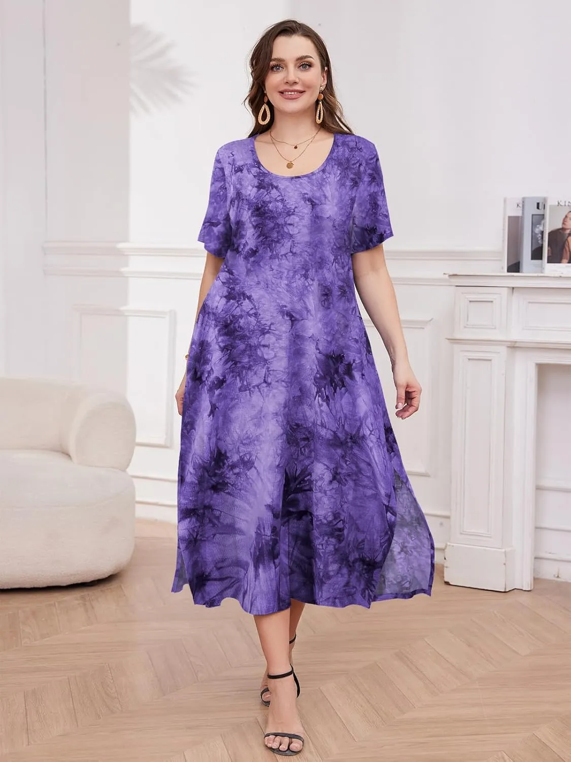 LARACE Plus Size Maxi Dress for Womens Summer Short Sleeve T Shirt Dress with Pockets Loose Fit Casual Sundresses with Slit