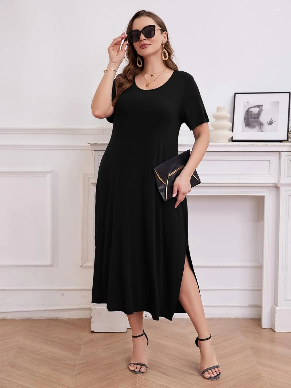 LARACE Plus Size Maxi Dress for Womens Summer Short Sleeve T Shirt Dress with Pockets Loose Fit Casual Sundresses with Slit