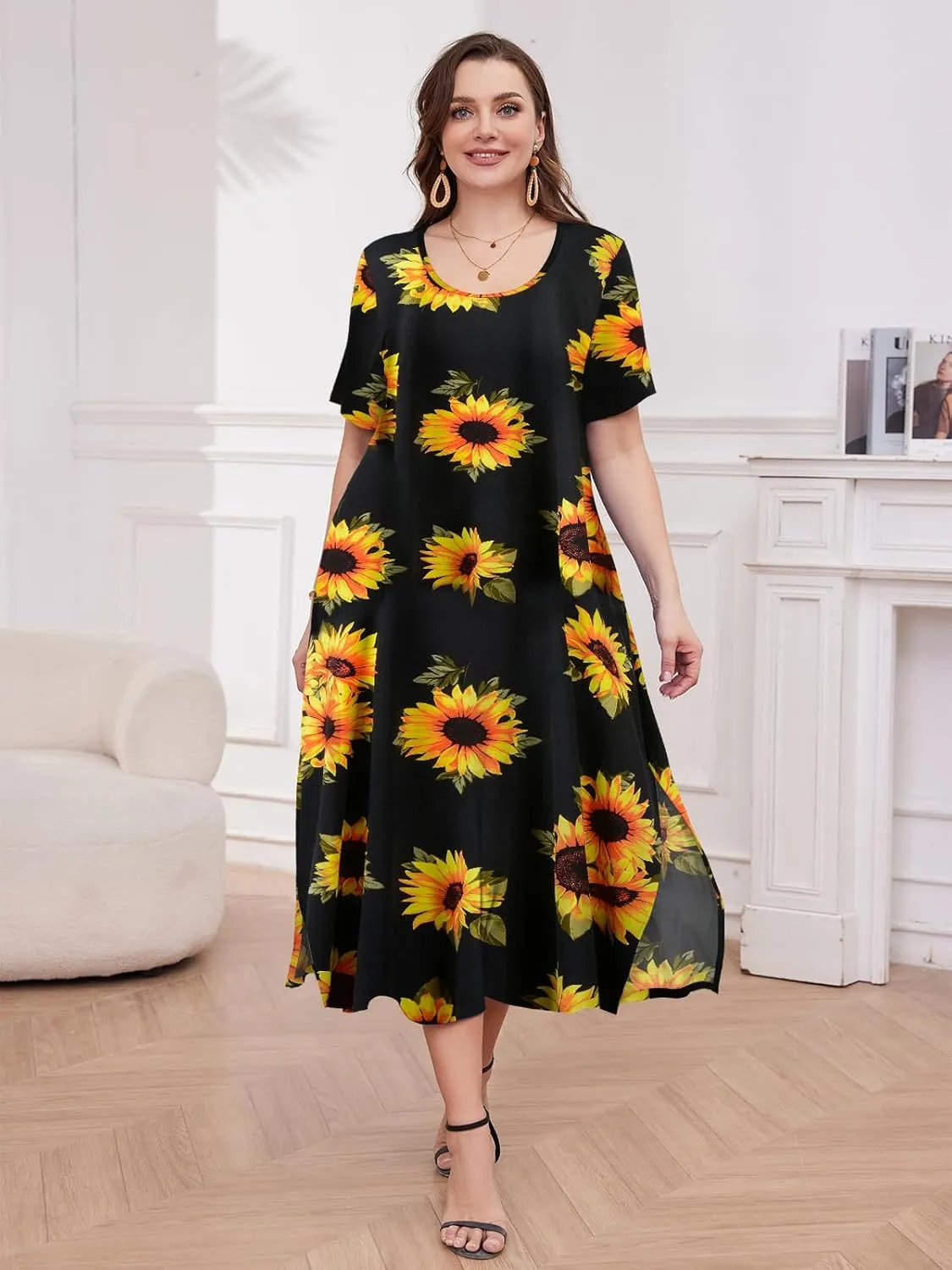 LARACE Plus Size Maxi Dress for Womens Summer Short Sleeve T Shirt Dress with Pockets Loose Fit Casual Sundresses with Slit