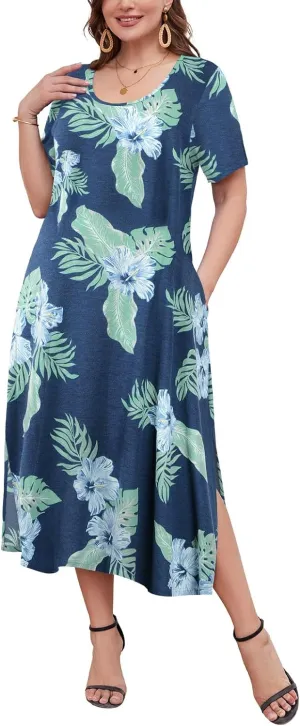 LARACE Plus Size Maxi Dress for Womens Summer Short Sleeve T Shirt Dress with Pockets Loose Fit Casual Sundresses with Slit