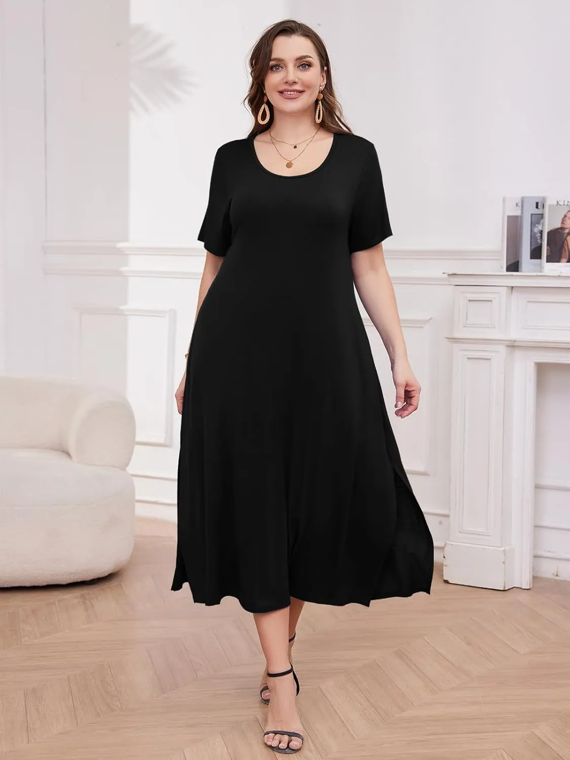 LARACE Plus Size Maxi Dress for Womens Summer Short Sleeve T Shirt Dress with Pockets Loose Fit Casual Sundresses with Slit