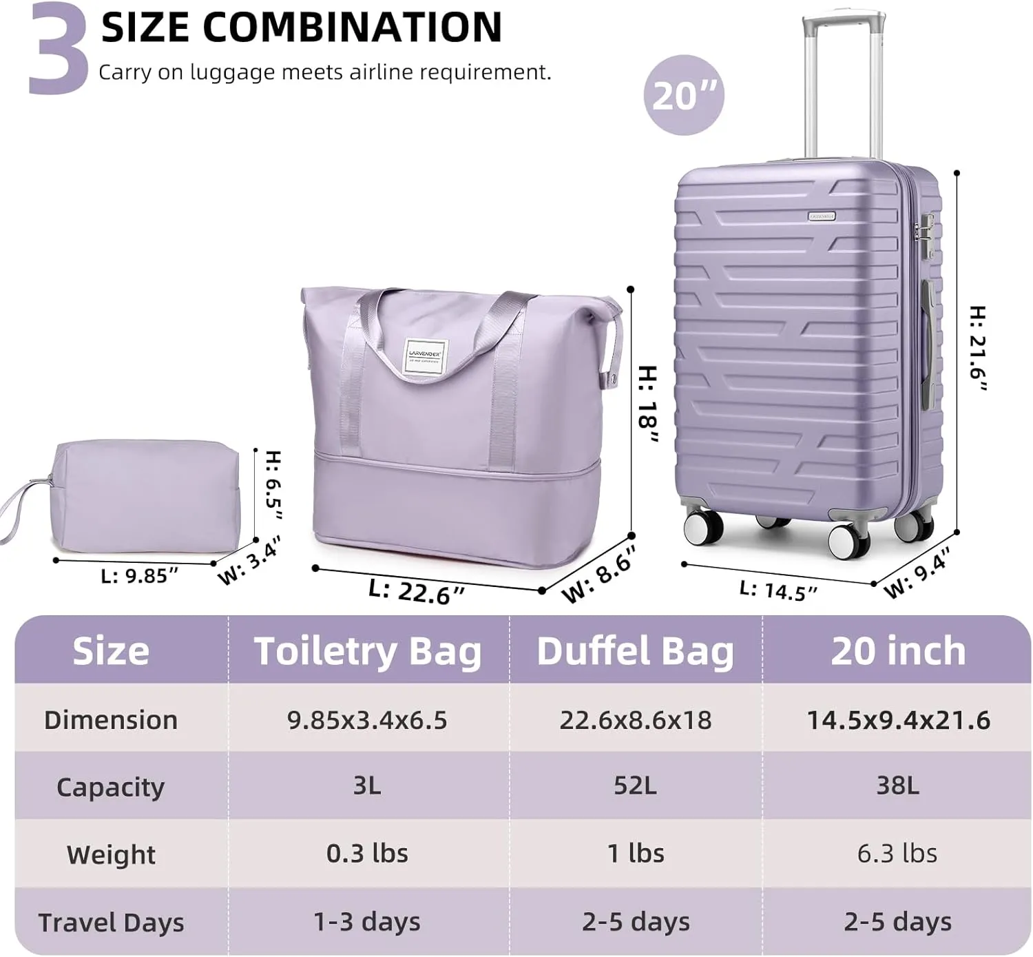 LARVENDER Luggage Sets 3 Piece, Hardside 20 Inch Carry on Luggage Airline Approved Suitcase Set with Spinner Wheels TSA Lock, Lightweight Rolling Suitcase for Men and Women, Lavender