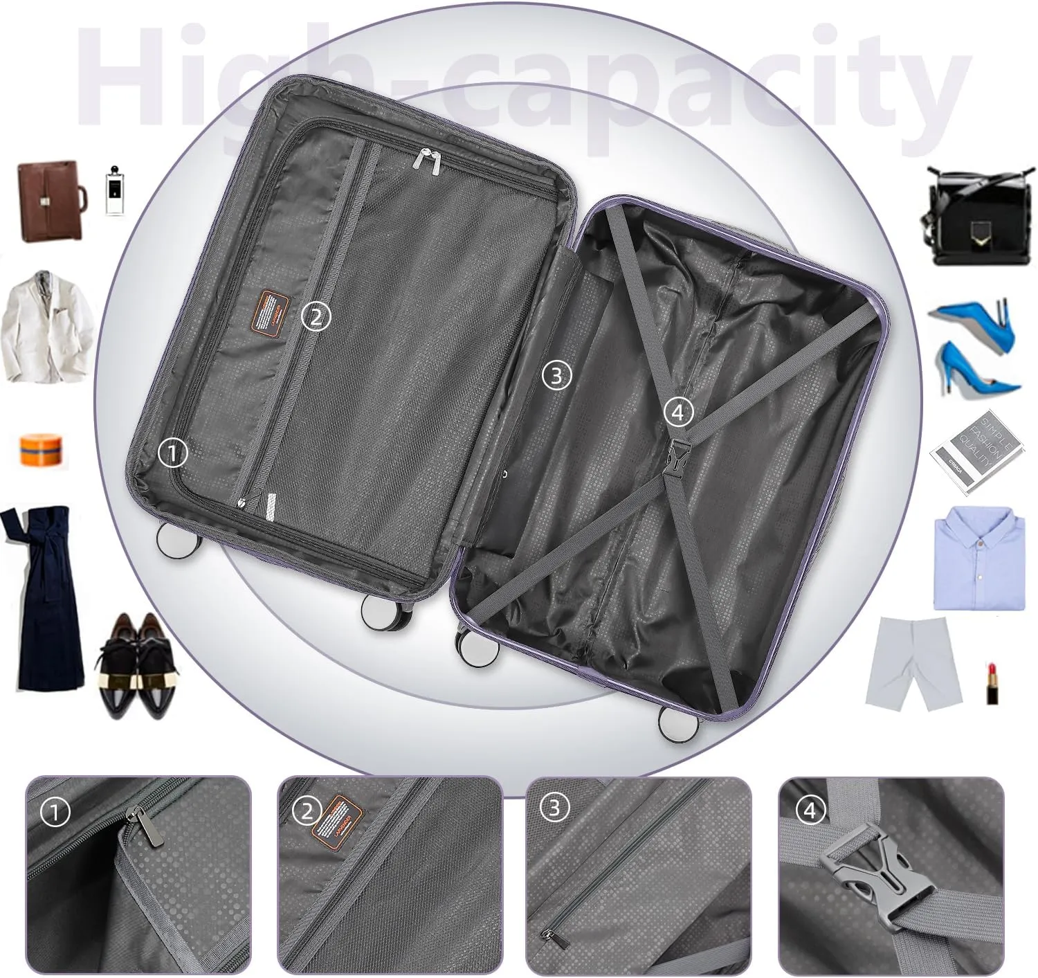 LARVENDER Luggage Sets 3 Piece, Hardside 20 Inch Carry on Luggage Airline Approved Suitcase Set with Spinner Wheels TSA Lock, Lightweight Rolling Suitcase for Men and Women, Lavender