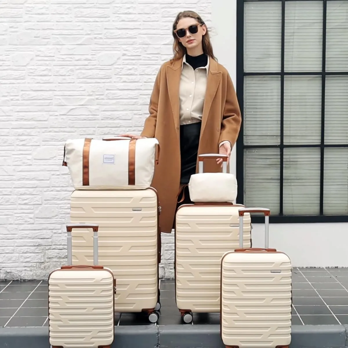 LARVENDER Luggage Sets 3 Piece, Hardside 20 Inch Carry on Luggage Airline Approved Suitcase Set with Spinner Wheels TSA Lock, Lightweight Rolling Suitcase for Men and Women, White Brown