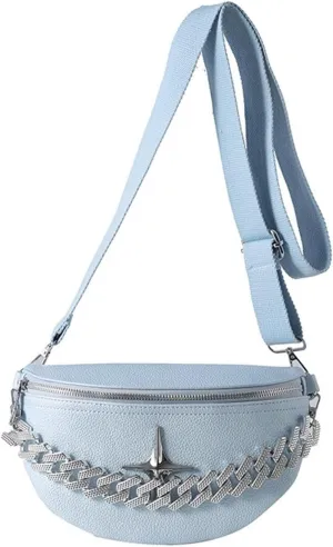 Leather Fanny Pack Bag for Women, Unique Luxurious Crossbody Belt Bag with Detachable Sliver Chain Strap Trendy Shoulder Sling Purse for Party Concert Festival
