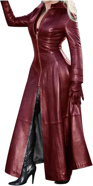 Leather Jacket Women Zip PU Long Trench Coats Long Sleeve Jackets Dress Motorcycle Faux Leather Going Out Outfits