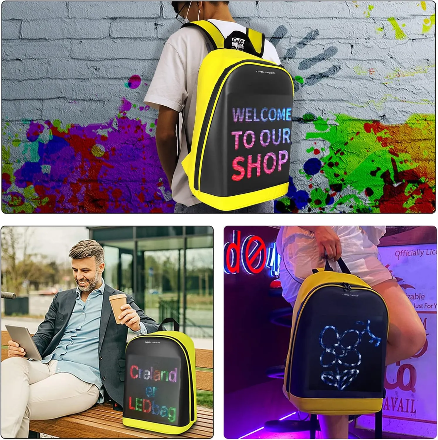 LED Backpack, 17 inch Laptop Backpack with Programmable Screen Smart Dynamic Shoulder Luggage Bag Cycling Travel Daypack Rucksack Personalized Gifts for Men Women (Yellow)