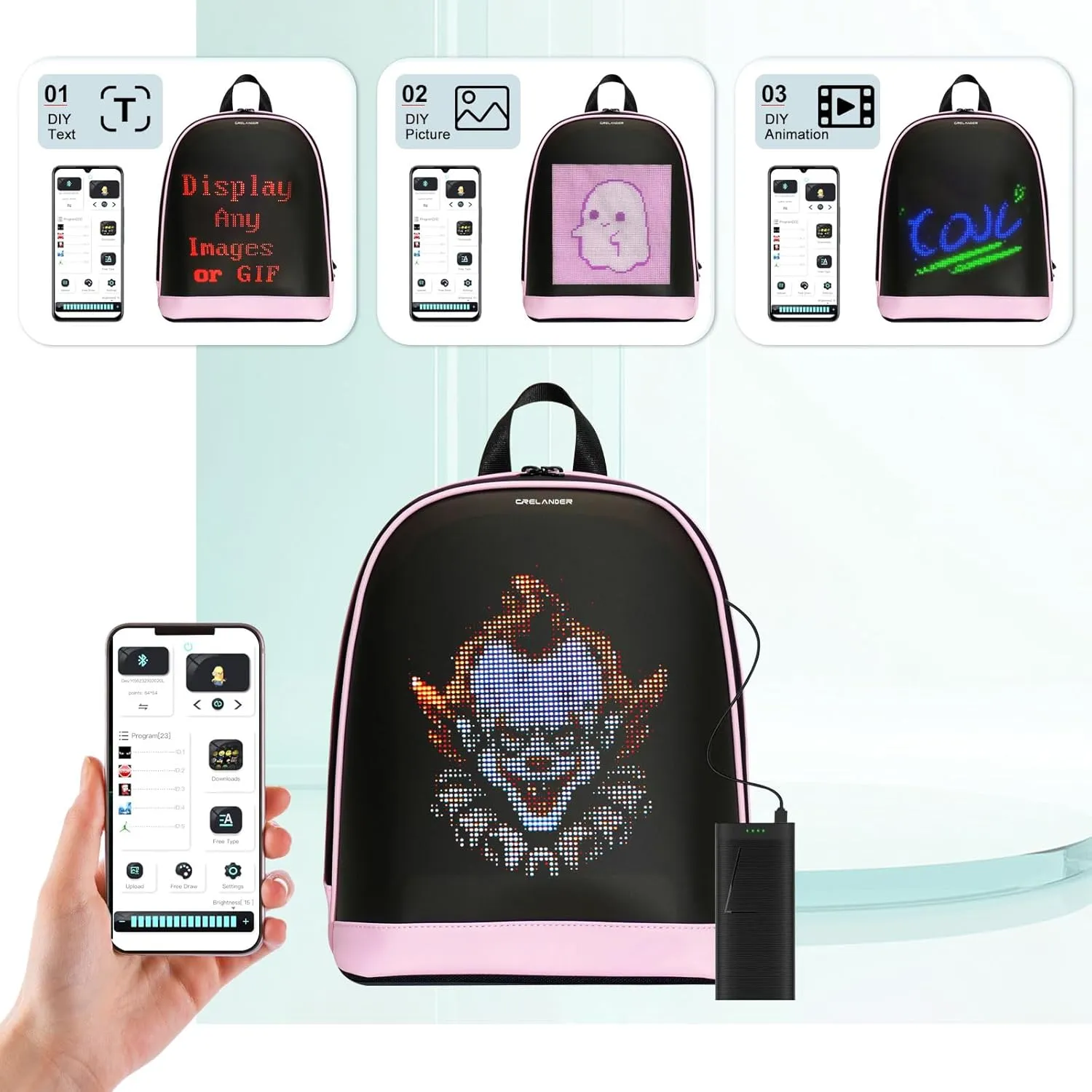 LED Backpack, Small Laptop Backpack with Programmable Screen Small Smart Dynamic Fashion Shoulder Bag for Women Daily Use Cycling Travel Daypack App Control, 12 inch (pink)