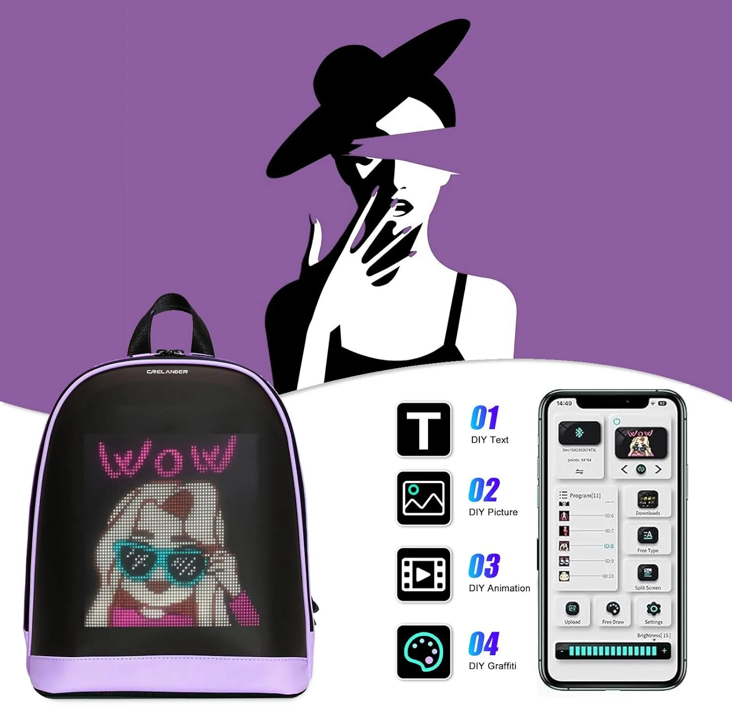 LED Backpack, Small Laptop Backpack with Programmable Screen Small Smart Dynamic Fashion Shoulder Bag for Women Daily Use Cycling Travel Daypack App Control, 12 inch (purple)