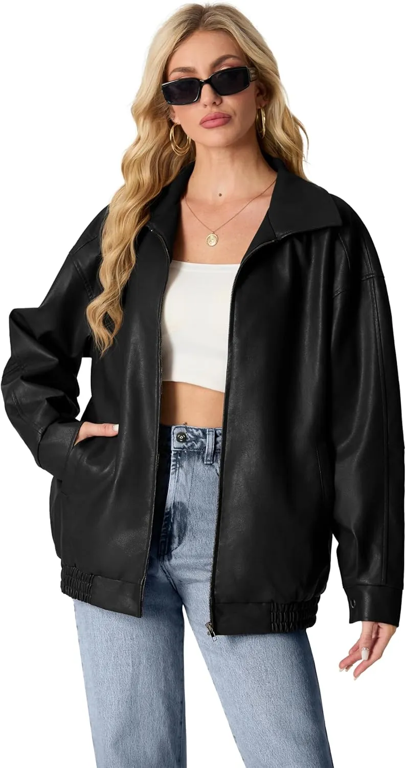Lepunuo Leather Jacket for Women Oversized Faux Leather Moto Biker Coat Fall Fashion Winter Outfits Y2K Streetwear