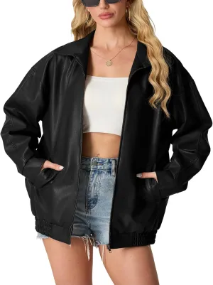 Lepunuo Leather Jacket for Women Oversized Faux Leather Moto Biker Coat Fall Fashion Winter Outfits Y2K Streetwear