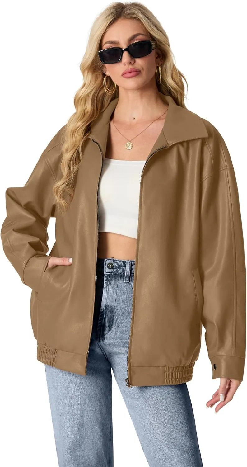 Lepunuo Leather Jacket for Women Oversized Faux Leather Moto Biker Coat Fall Fashion Winter Outfits Y2K Streetwear