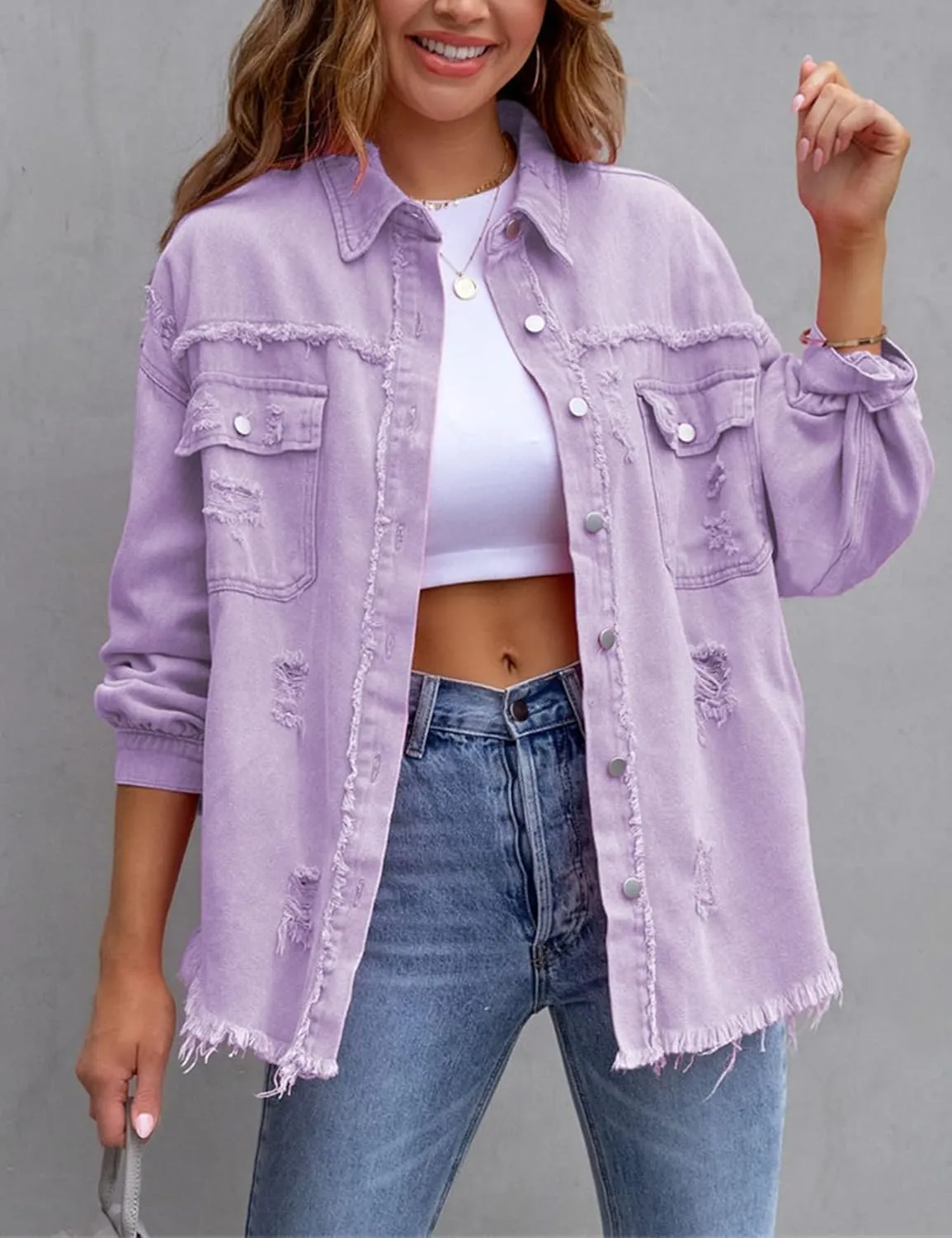 LifeShe Women's Denim Jacket Oversized Button Down Jean Shirts Shacket Ripped Distressed Frayed Coat