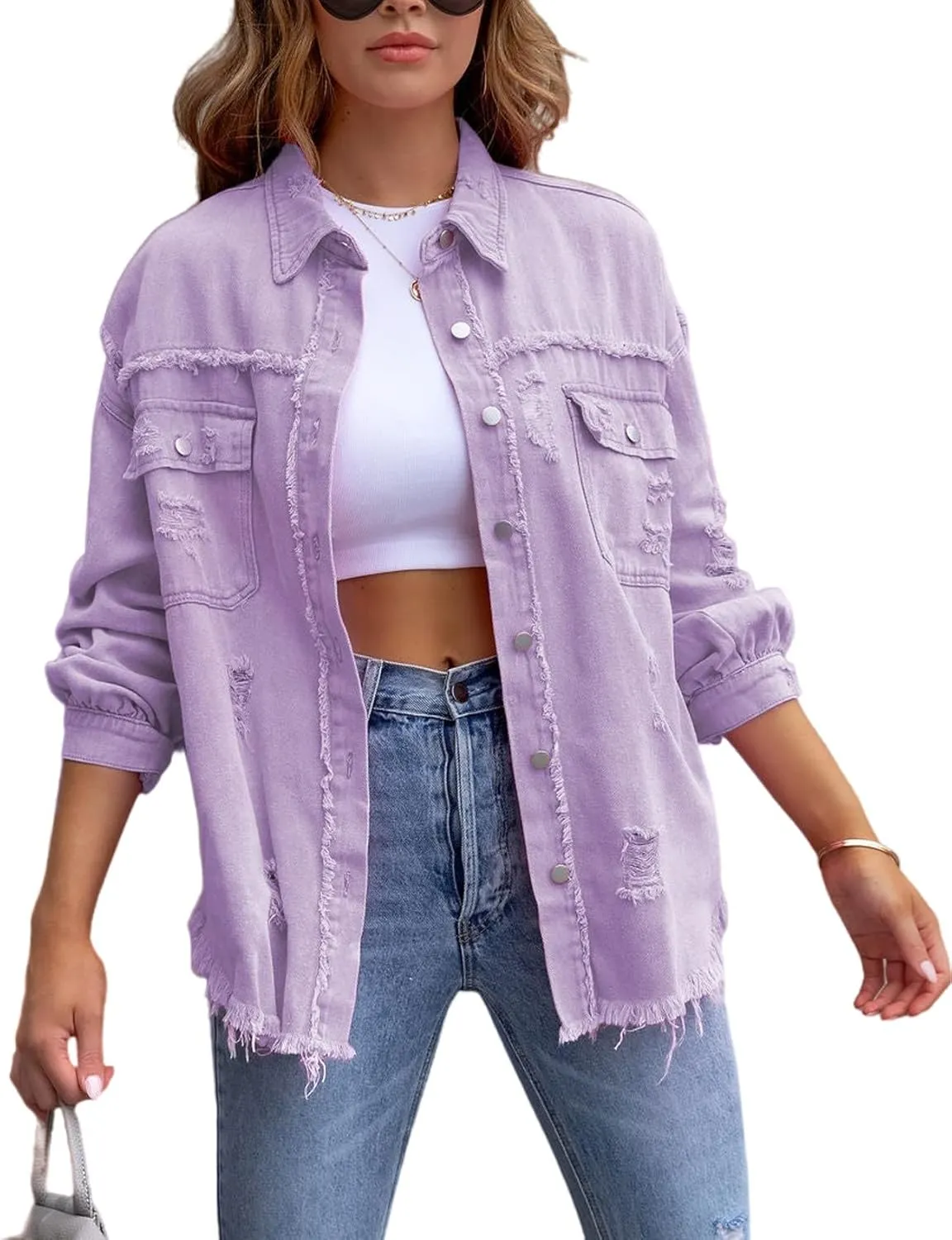 LifeShe Women's Denim Jacket Oversized Button Down Jean Shirts Shacket Ripped Distressed Frayed Coat