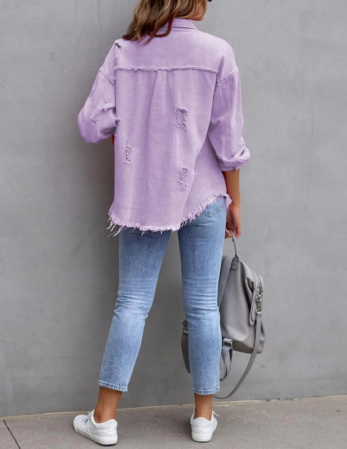 LifeShe Women's Denim Jacket Oversized Button Down Jean Shirts Shacket Ripped Distressed Frayed Coat