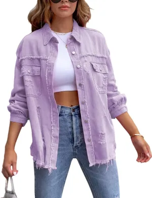 LifeShe Women's Denim Jacket Oversized Button Down Jean Shirts Shacket Ripped Distressed Frayed Coat