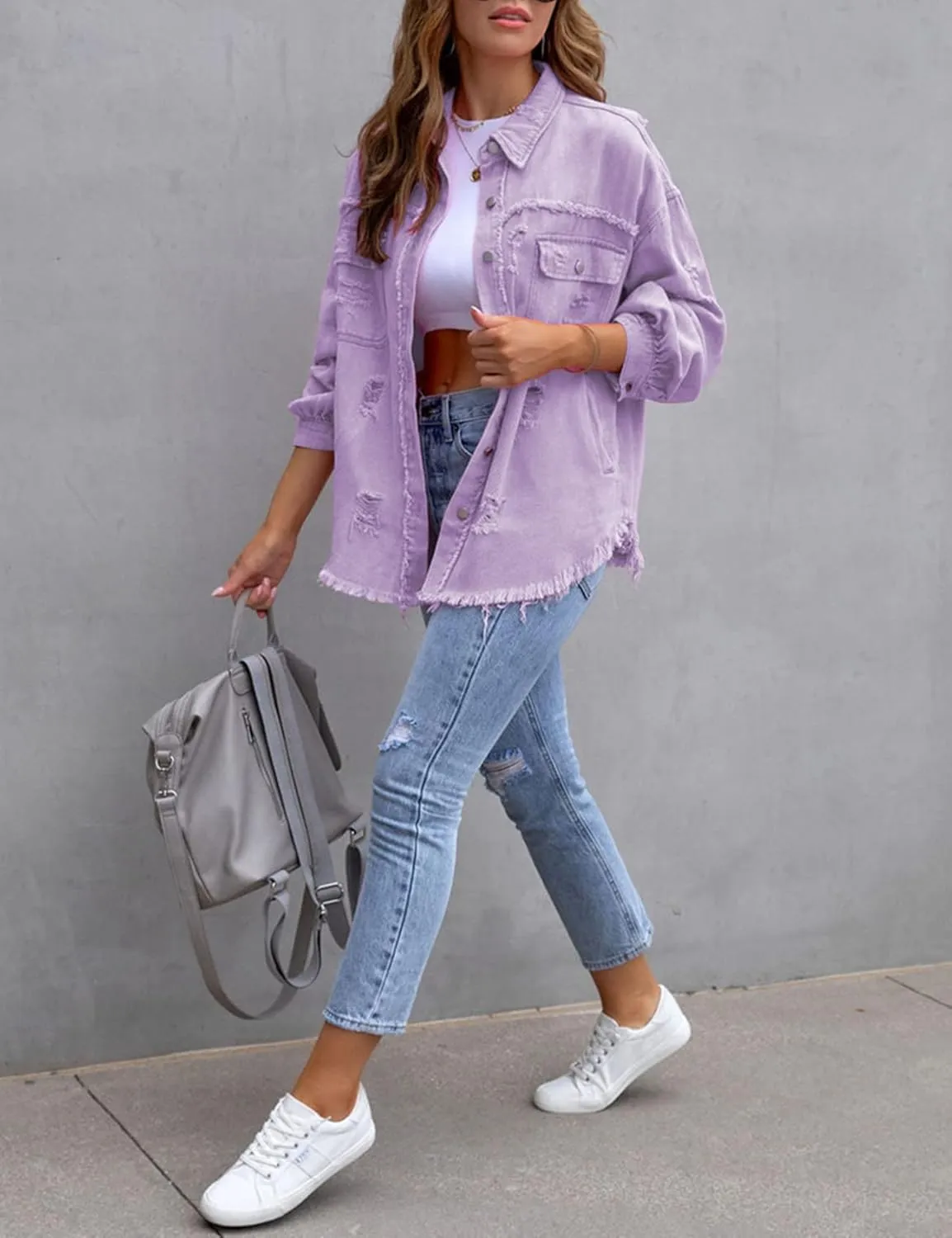 LifeShe Women's Denim Jacket Oversized Button Down Jean Shirts Shacket Ripped Distressed Frayed Coat