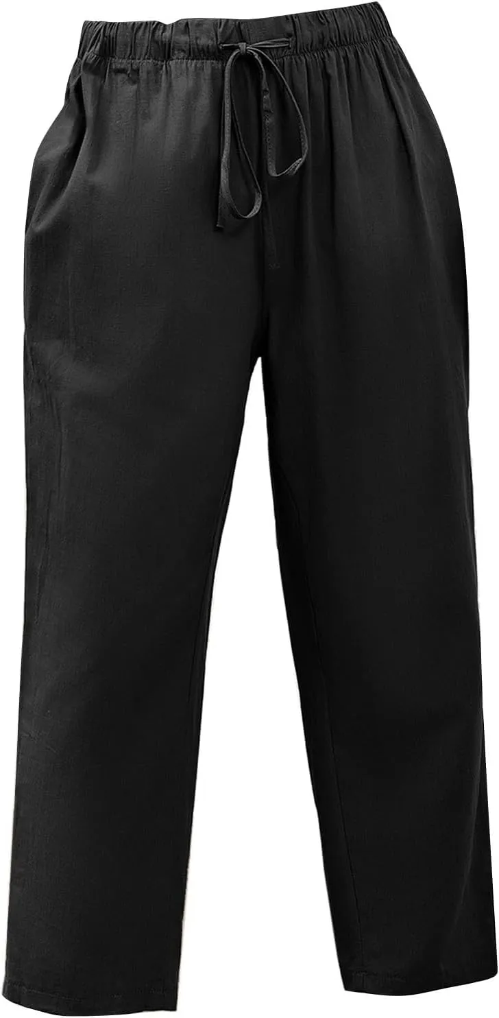 Linen Capri Pants for Women Casual High Waisted Drawstring Wide Leg Capris Summer Baggy Lounge Trousers with Pockets