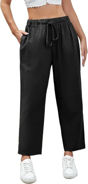 Linen Capri Pants for Women Casual High Waisted Drawstring Wide Leg Capris Summer Baggy Lounge Trousers with Pockets