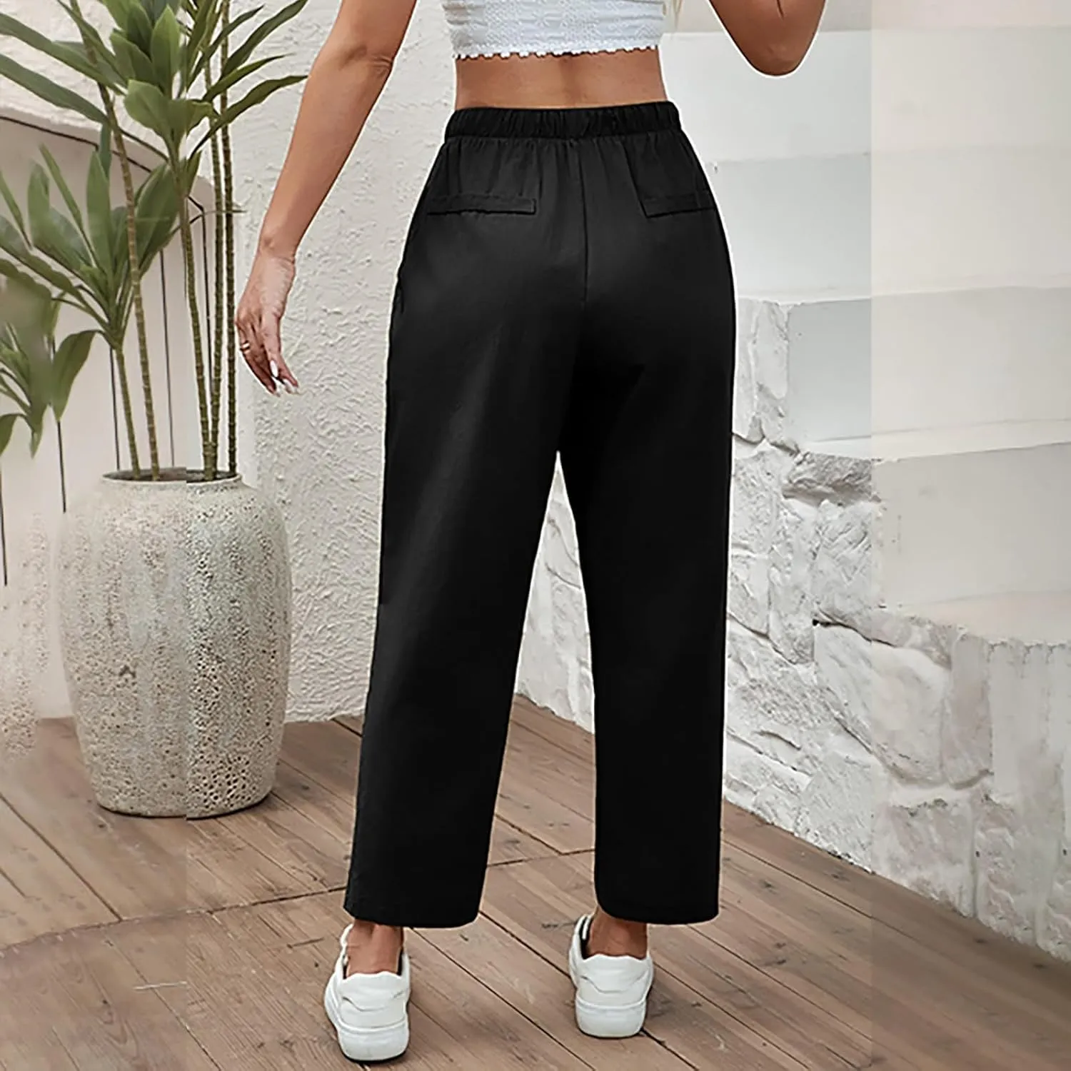 Linen Capri Pants for Women Casual High Waisted Drawstring Wide Leg Capris Summer Baggy Lounge Trousers with Pockets