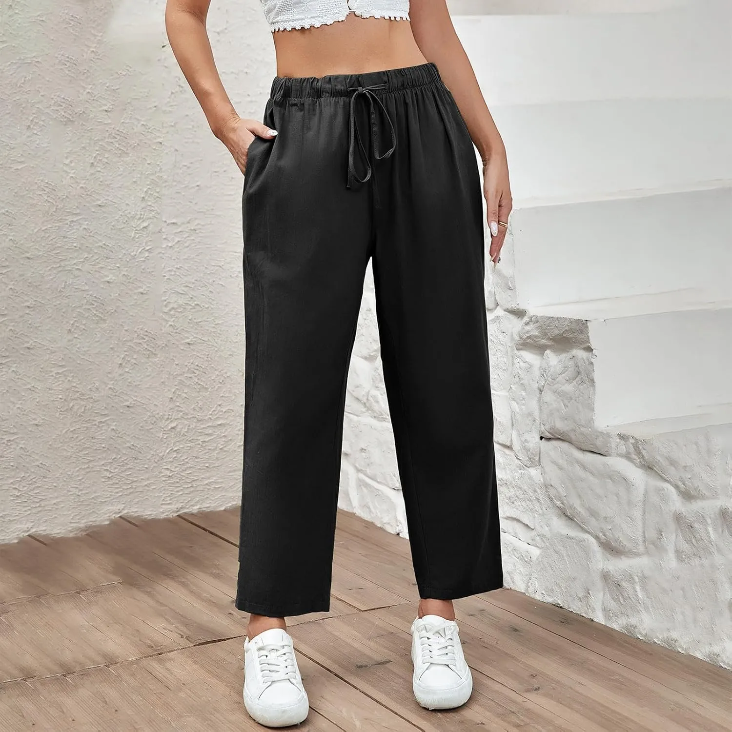 Linen Capri Pants for Women Casual High Waisted Drawstring Wide Leg Capris Summer Baggy Lounge Trousers with Pockets