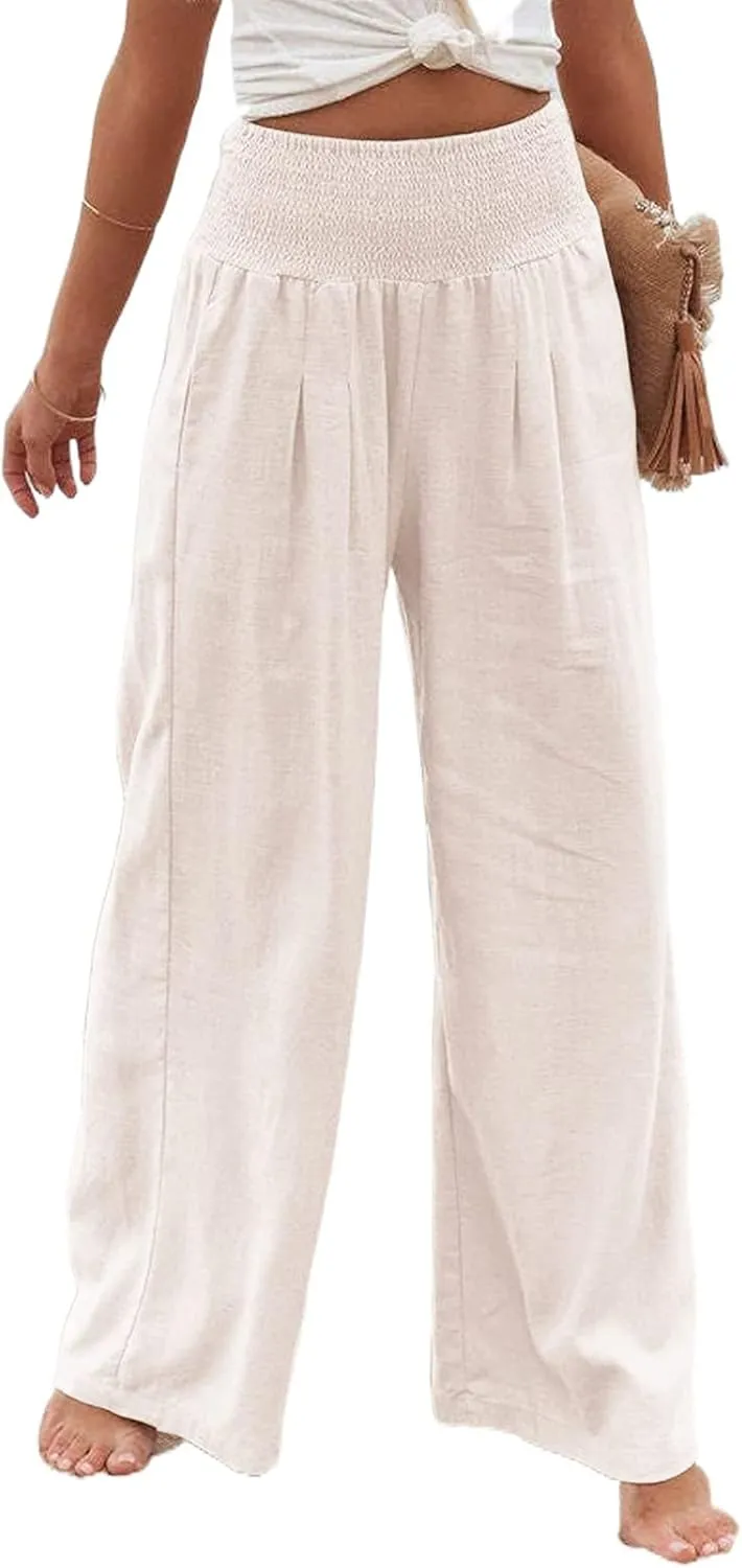Linen Palazzo Pants for Women High Waist Summer Wide Leg Pants Lightweight Flowy Drawstring Smocked Lounge Trousers