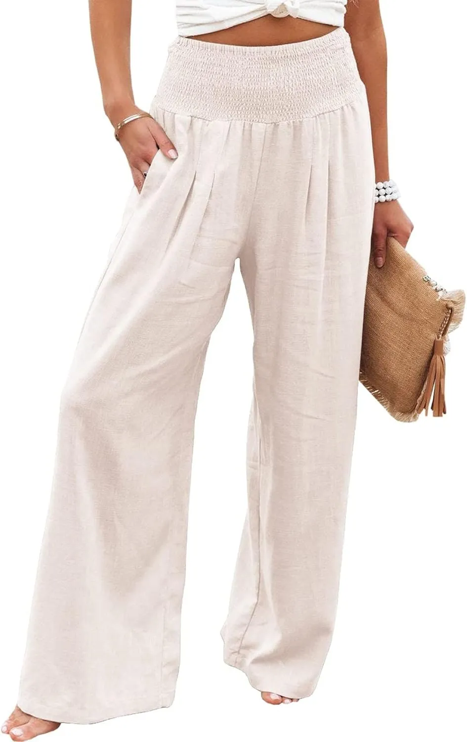 Linen Palazzo Pants for Women High Waist Summer Wide Leg Pants Lightweight Flowy Drawstring Smocked Lounge Trousers