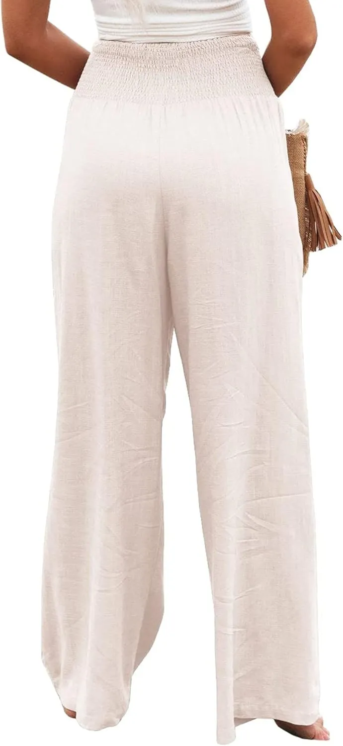 Linen Palazzo Pants for Women High Waist Summer Wide Leg Pants Lightweight Flowy Drawstring Smocked Lounge Trousers