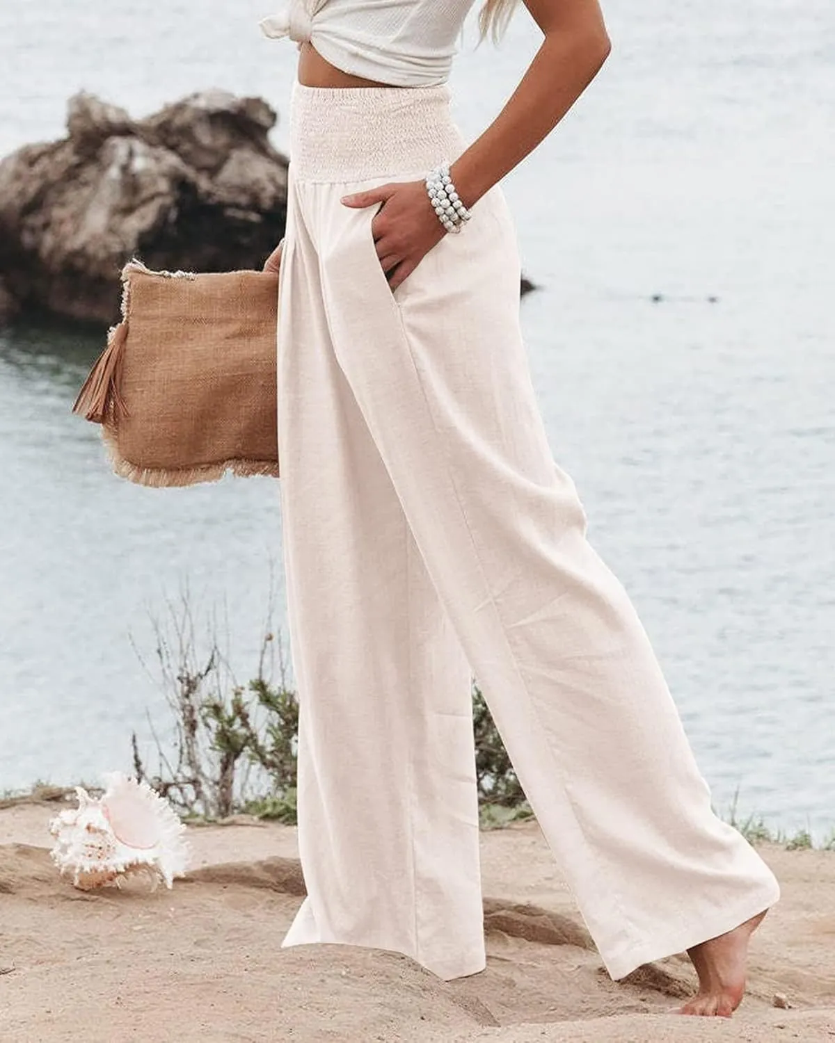 Linen Palazzo Pants for Women High Waist Summer Wide Leg Pants Lightweight Flowy Drawstring Smocked Lounge Trousers