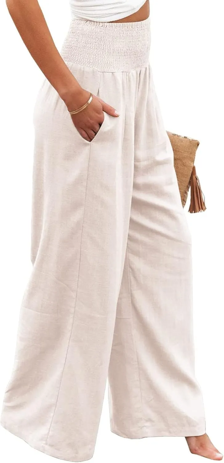 Linen Palazzo Pants for Women High Waist Summer Wide Leg Pants Lightweight Flowy Drawstring Smocked Lounge Trousers