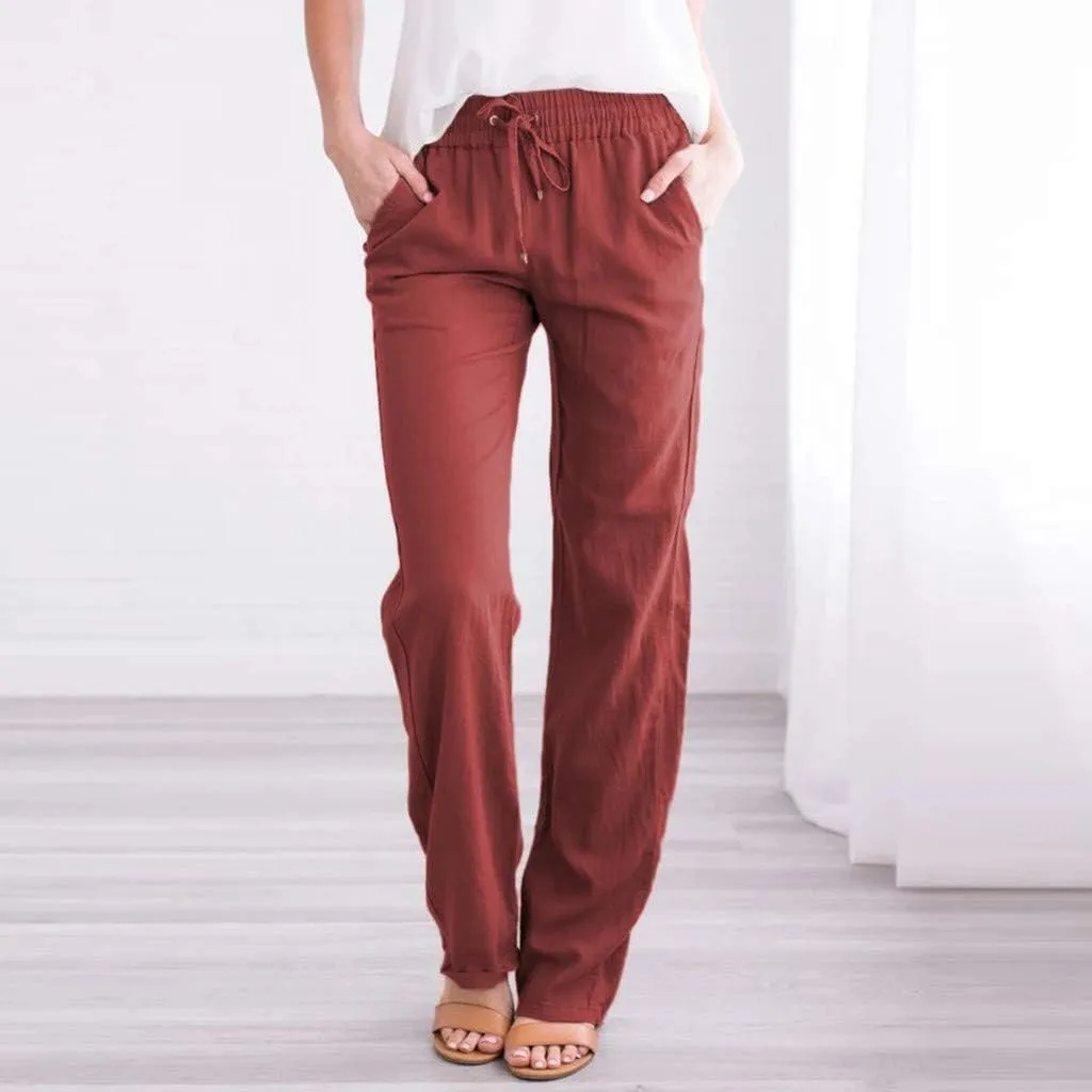 Linen Pants Capri Pants Cotton Linen Elastic Waist Straight Leg Trousers Casual Loose Summer Lounge Long Trousers