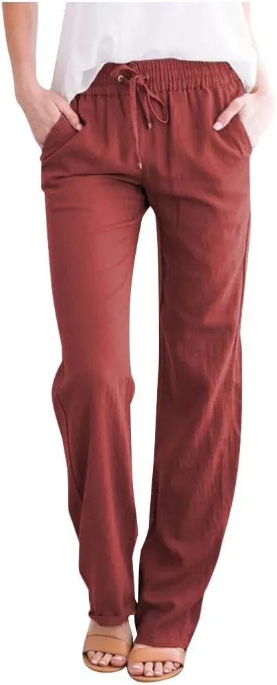 Linen Pants Capri Pants Cotton Linen Elastic Waist Straight Leg Trousers Casual Loose Summer Lounge Long Trousers