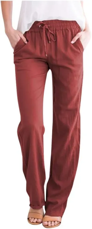 Linen Pants Capri Pants Cotton Linen Elastic Waist Straight Leg Trousers Casual Loose Summer Lounge Long Trousers