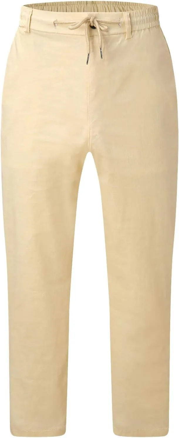 Linen Pants for Men Beach Wedding Casual Classic Elastic Waist Beach Pants Summer Lightweight Trouser with Pockets