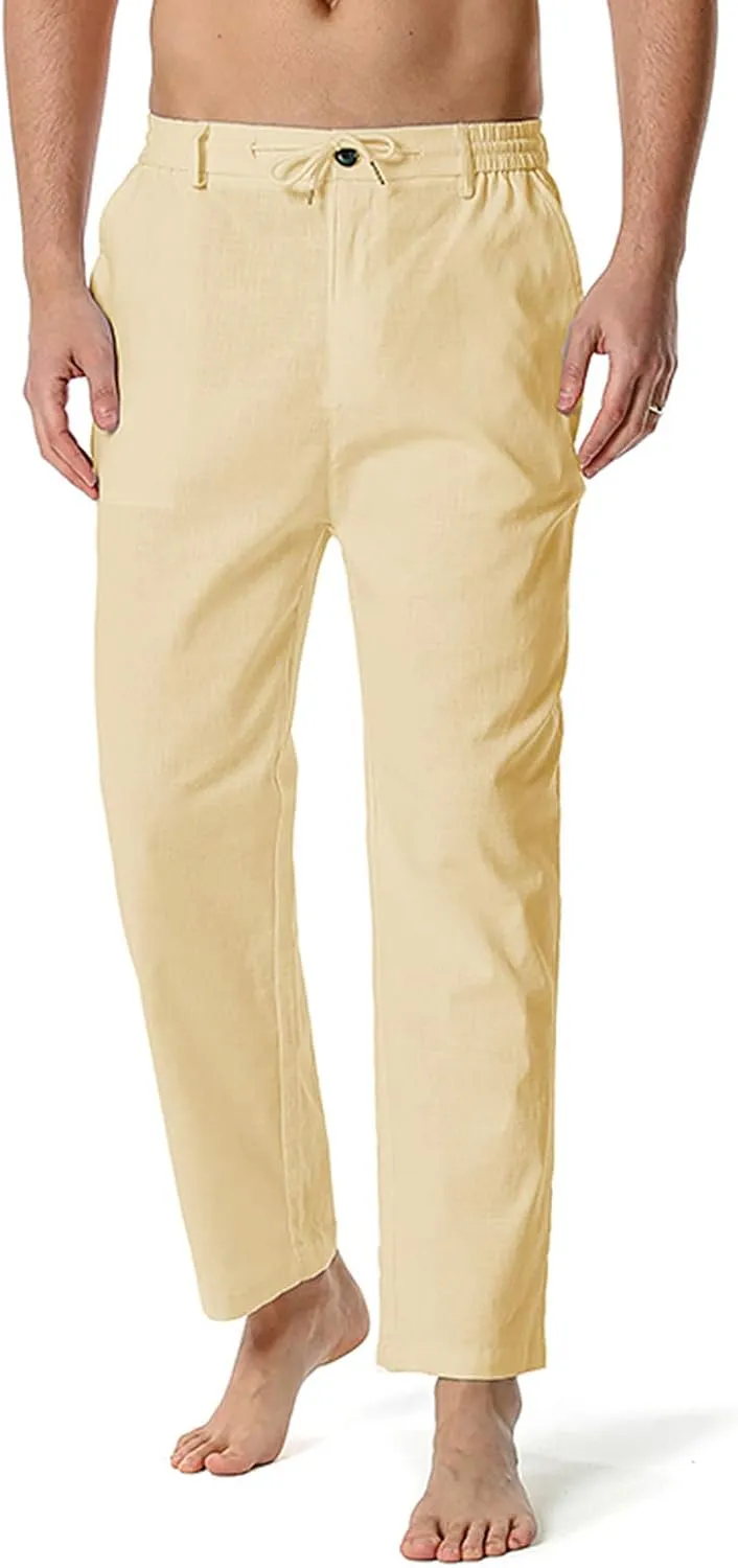 Linen Pants for Men Beach Wedding Casual Classic Elastic Waist Beach Pants Summer Lightweight Trouser with Pockets