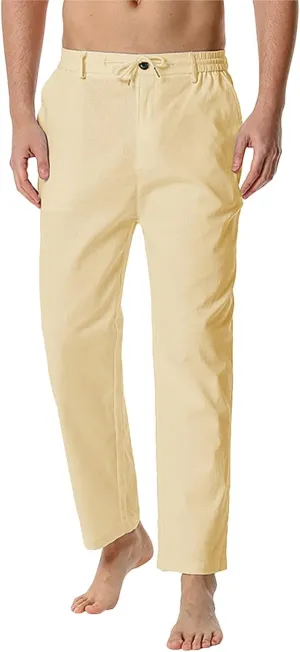 Linen Pants for Men Beach Wedding Casual Classic Elastic Waist Beach Pants Summer Lightweight Trouser with Pockets