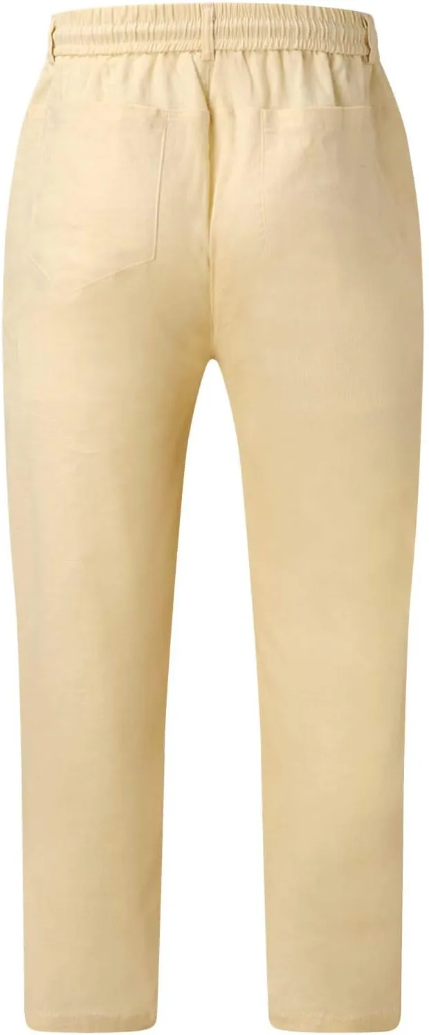 Linen Pants for Men Beach Wedding Casual Classic Elastic Waist Beach Pants Summer Lightweight Trouser with Pockets
