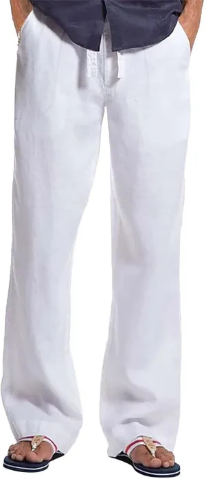 Linen Pants for Men Loose Fit Casual Classic Summer Beach Pant Lightweight Breathable Flat Front Trouser with Pockets