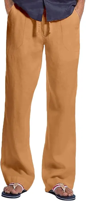 Linen Pants for Men Loose Fit Casual Classic Summer Beach Pant Lightweight Breathable Flat Front Trouser with Pockets