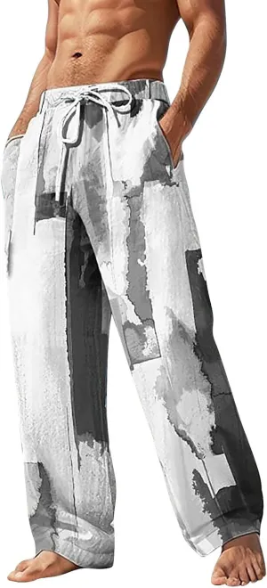 Linen Pants for Men Loose Fit Casual Elastic Waist Summer Beach Pants Lightweight Breathable Yoga Vacation Trousers