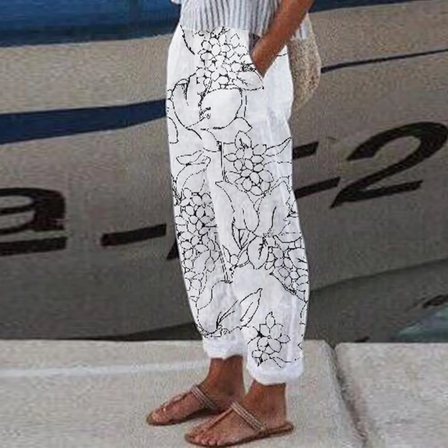 Linen Pants for Women 2025 Pants Stripe Print Side Trendy Pants Baggy Elastic Waist Straight Leg Comfy Beach Trousers