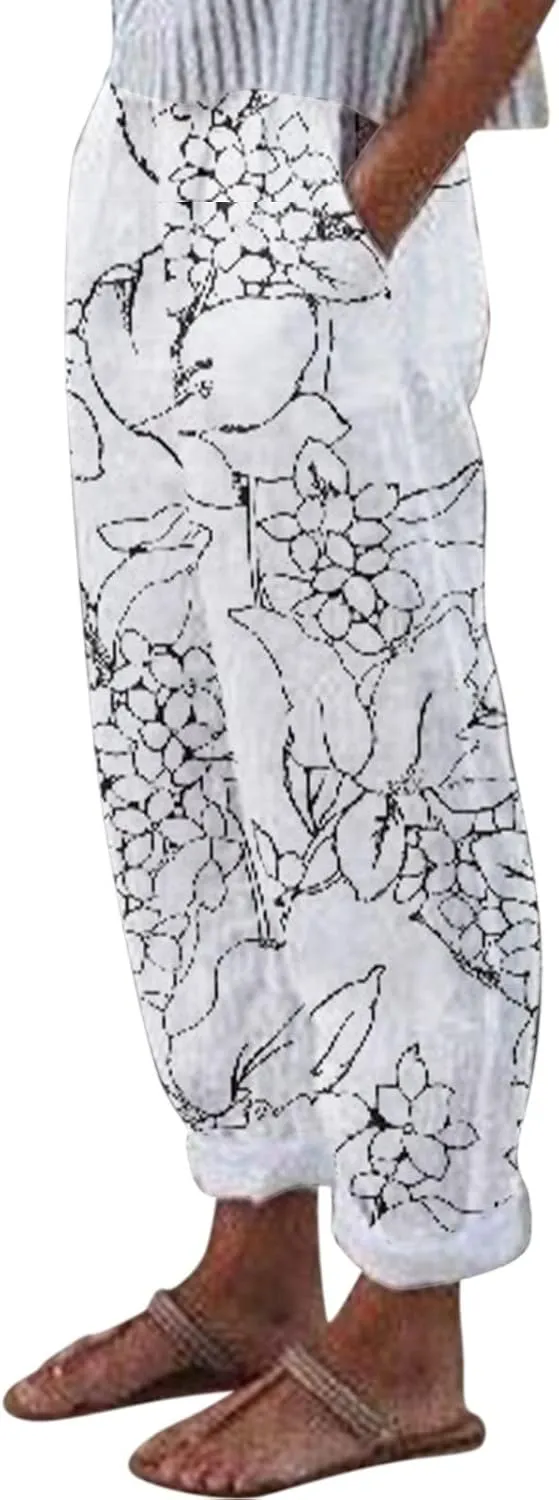 Linen Pants for Women 2025 Pants Stripe Print Side Trendy Pants Baggy Elastic Waist Straight Leg Comfy Beach Trousers