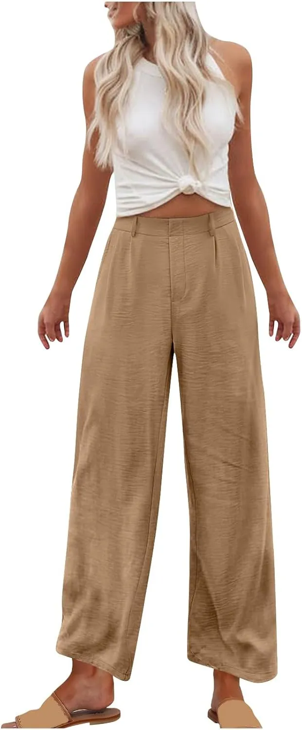 Linen Pants for Women High Waisted Wed Leg Palazzo Pants Summer Casual Lounge Trousers Trendy Vacation Outfits