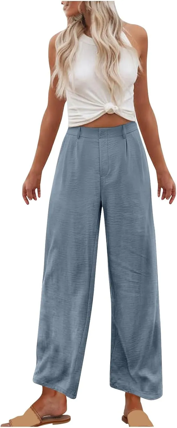 Linen Pants for Women High Waisted Wed Leg Palazzo Pants Summer Casual Lounge Trousers Trendy Vacation Outfits