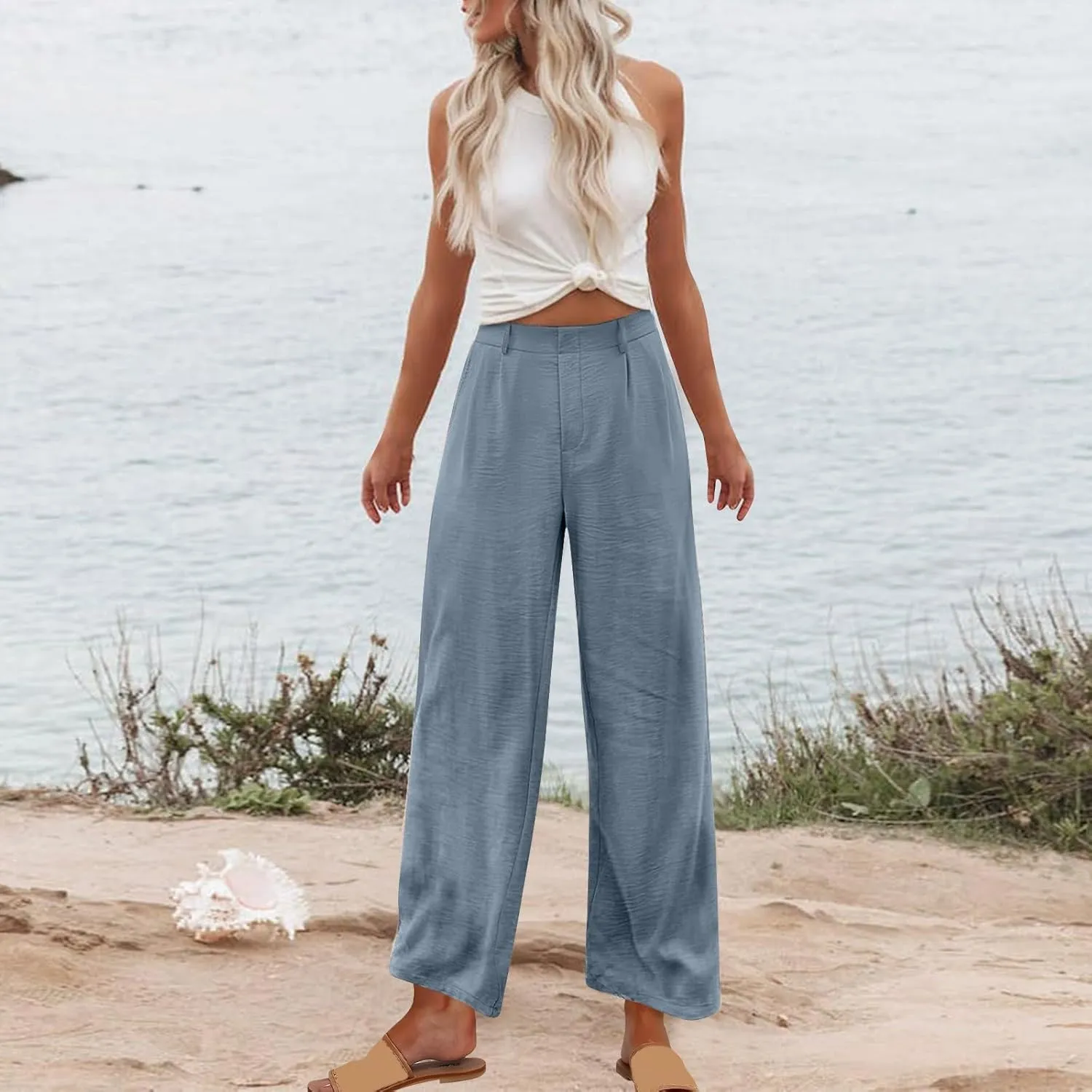 Linen Pants for Women High Waisted Wed Leg Palazzo Pants Summer Casual Lounge Trousers Trendy Vacation Outfits