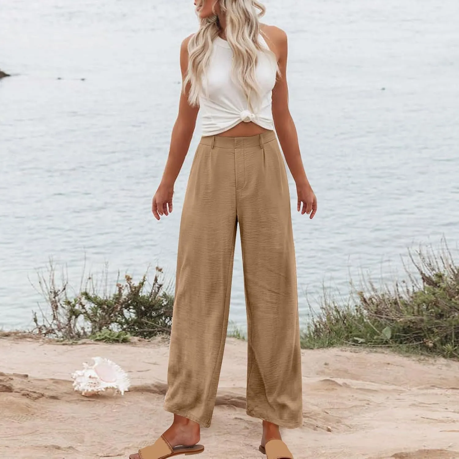 Linen Pants for Women High Waisted Wed Leg Palazzo Pants Summer Casual Lounge Trousers Trendy Vacation Outfits